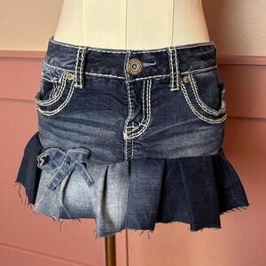 y2k mcbling micro denim low rise mini skirt reworked amethyst bow